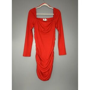 Princess Polly Dress Womens 12 Red Square Neck Ruched Bodycon Long Sleeve Mini